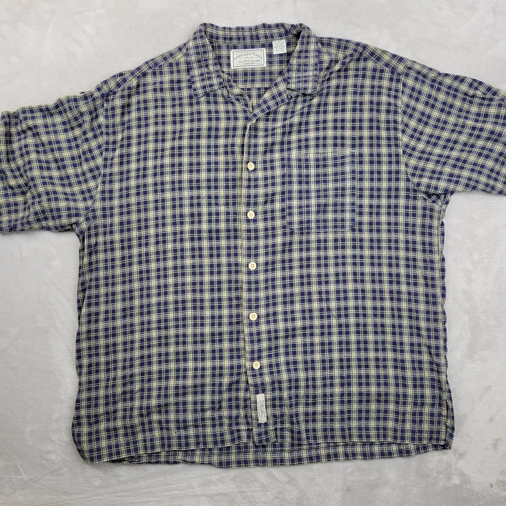 American Eagle Shirt Mens XL Blue Green Plaid Cotton Linen Button Up AEO Casual
